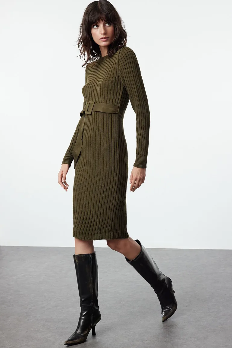 Shop Khaki Mini Knitted Belted Dress Online in Oman Shop Khaki Mini Knitted Belted Dress Online in Oman