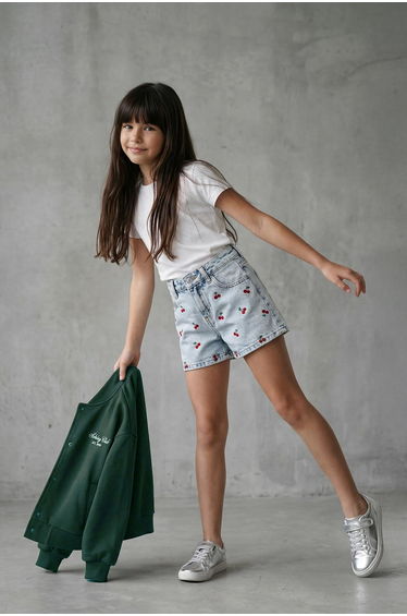 Blue Female Child 100% Cotton Cherry Embroidered Denim Shorts
