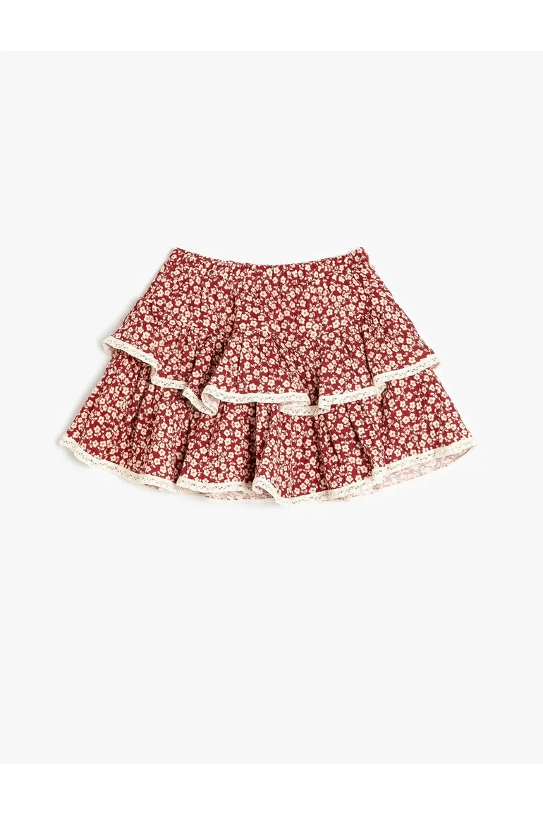 تنورة قطن بخصر إيلاستيك بطبقة كشكش بطبعة أزهار