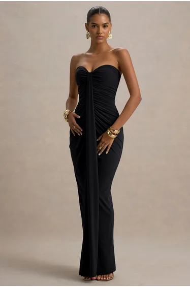 Ali | Black Sweetheart Ruched Wrap Maxi Dress