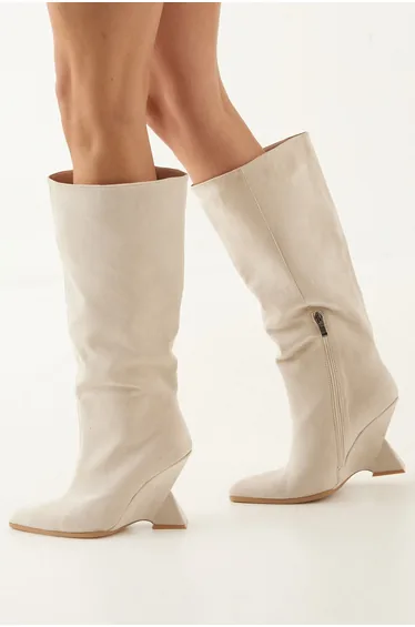 Faux Suede High Wedge Knee Boots