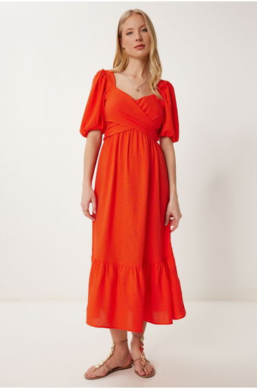 Women's Dark Orange Binding Detail Summer Linen Dress