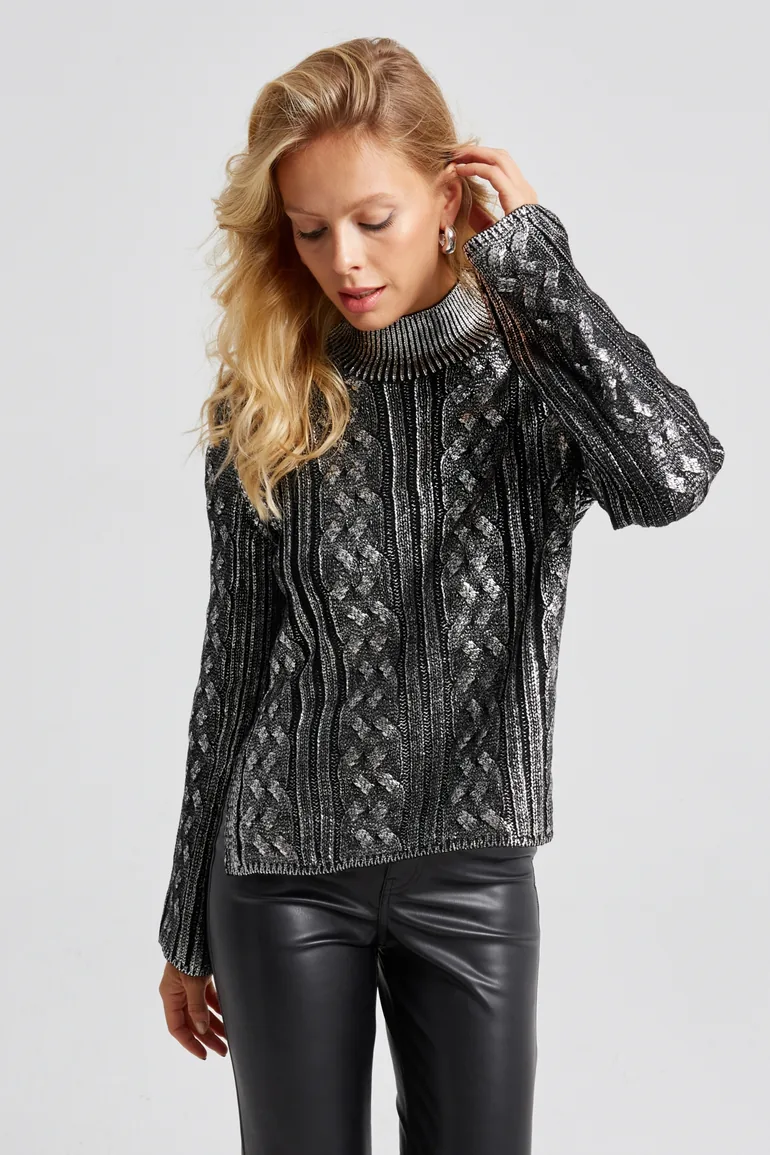 Women's Black-Silver Leafy Knitwear Blouse - 1