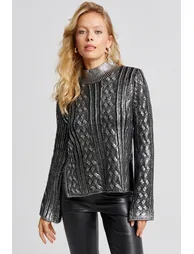 Women's Black-Silver Leafy Knitwear Blouse - 4