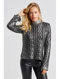Women's Black-Silver Leafy Knitwear Blouse - 3