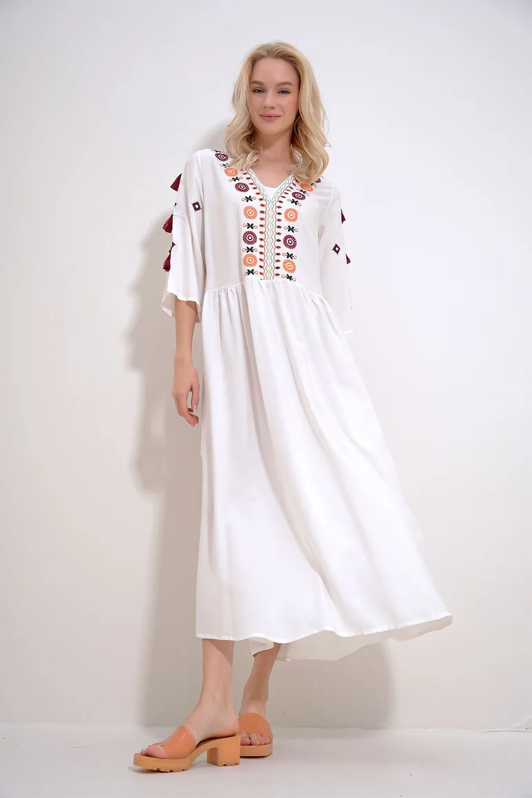 Shop Women's White V-Neck Embroidered Tassel Detailed Woven Dress Online in Oman Shop Women's White V-Neck Embroidered Tassel Detailed Woven Dress Online in Oman