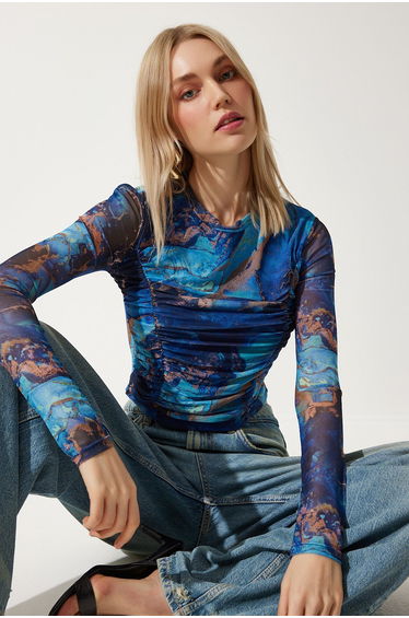 Women's Blue Light Transparent Crop Tulle Knitted Blouse