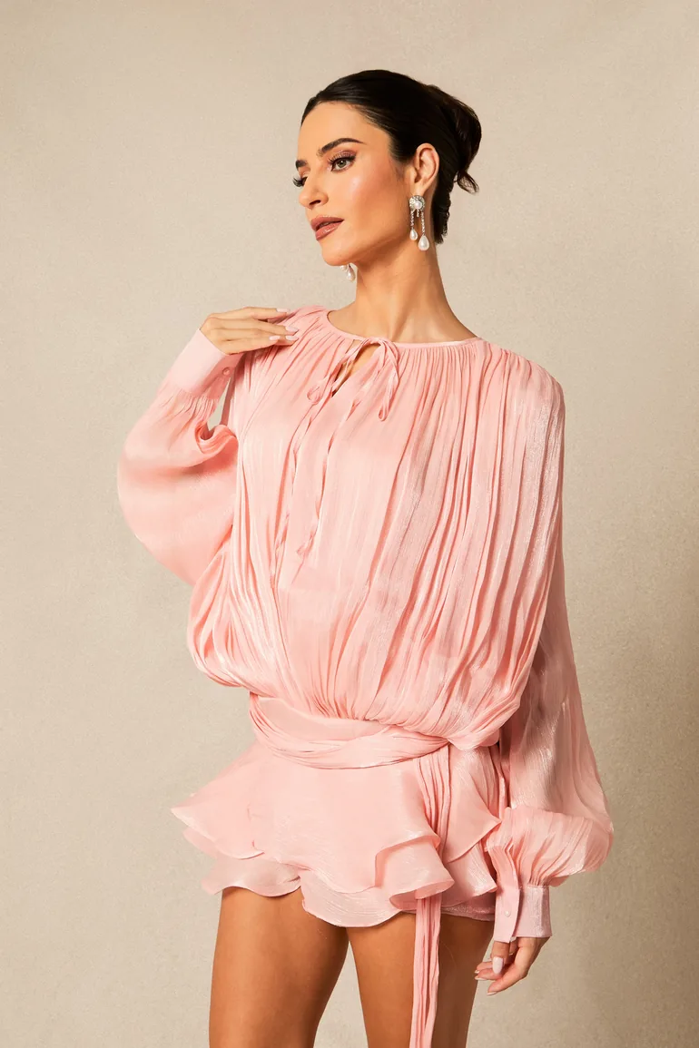 Beryl Pleated Ruffle Hem Mini Dress in Pink - 5