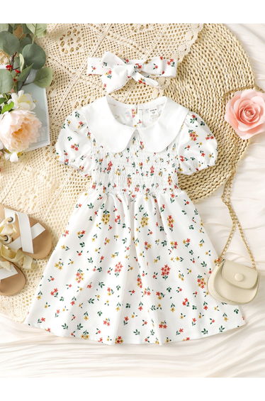 Girls Floral Print Puff Sleeve Smocked Dress