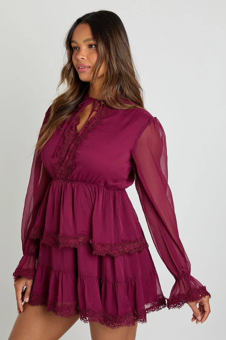 Chiffon Lace Detail Smock Dress - burgundy - 2