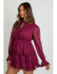Chiffon Lace Detail Smock Dress - burgundy - 2