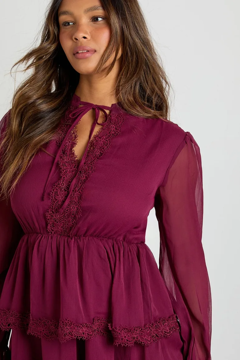Chiffon Lace Detail Smock Dress - burgundy - 3