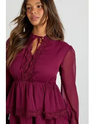 Chiffon Lace Detail Smock Dress - burgundy - 3