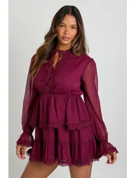Chiffon Lace Detail Smock Dress - burgundy