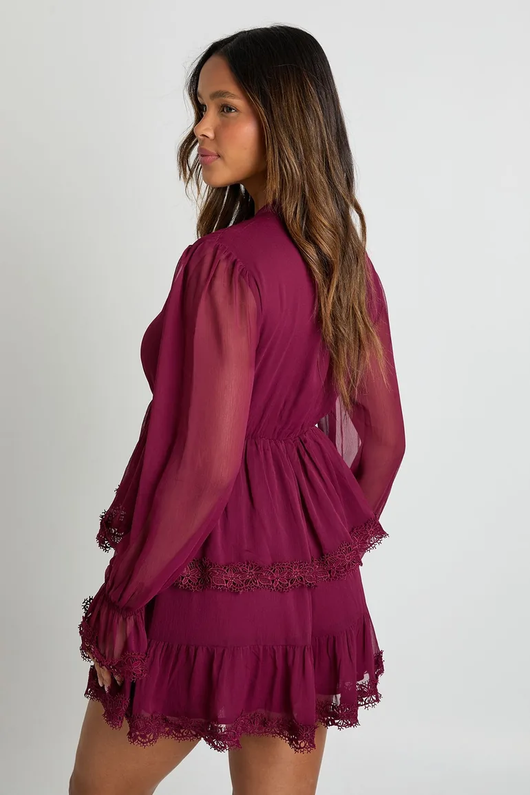 Chiffon Lace Detail Smock Dress - burgundy - 1