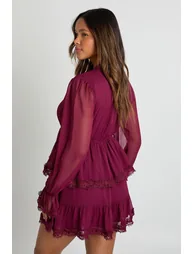 Chiffon Lace Detail Smock Dress - burgundy - 1