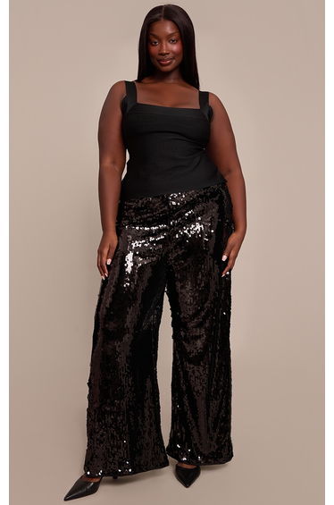 Plus Black Sequin Wide Leg Floaty Trousers
