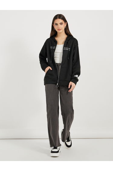Slogan Print Zip Up Hooded Hoodie