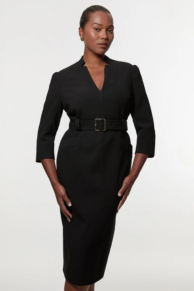 structured crepe forever pleat belted midi dress Karen Millen Forever Tailored Structured Crepe Forever Pleat Belted Midi Dress in Black