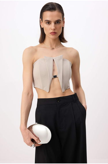 Beige*001 Plain Strapless Sleeveless Cut-Out Woven Polyviscose Stylish/Night Bustier