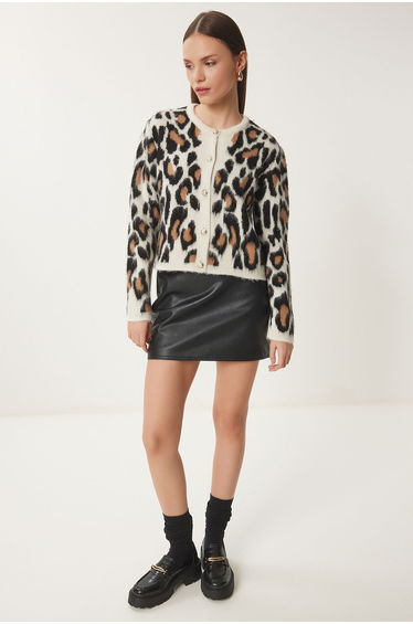 Women's Cream Black Leopard Patterned Short Bearded Cardigan