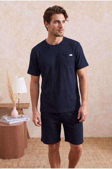 Navy Blue Regular Fit Large Size Corded Fabric Knitted Pajamas Set