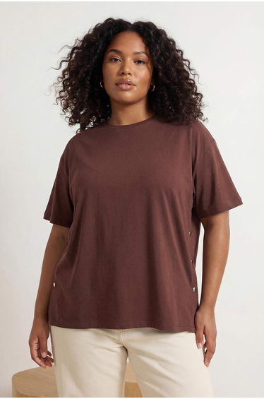 Brown Boyfriend Fit Side Snap Detail 100% Cotton Knitted Plus Size T-Shirt