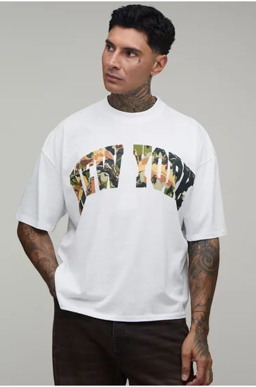 Tall White Oversized Boxy New York Camo Print T-Shirt - white