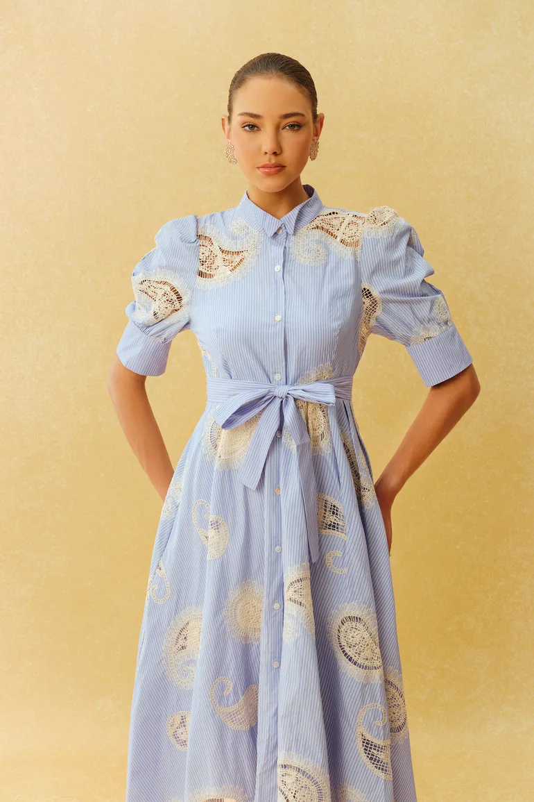 Slow Living Blue Striped Paisley Print Short Sleeve Midi Dress - 5