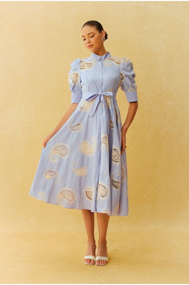 Slow Living Blue Striped Paisley Print Short Sleeve Midi Dress