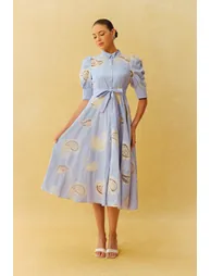 Slow Living Blue Striped Paisley Print Short Sleeve Midi Dress
