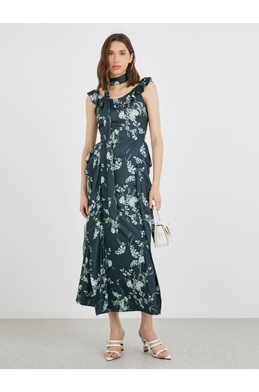 Floral Print Ruffle Trim A-Line Dress with Slit