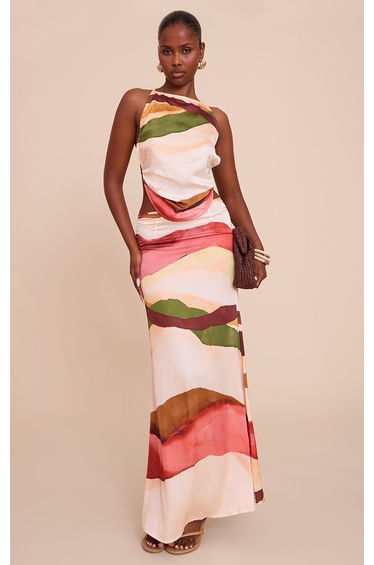 Multi Abstract Print Satin Floaty Maxi Skirt