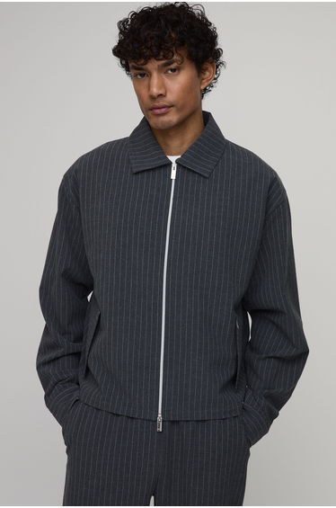 Textured Stripe Double Zip Boxy Harrington Jacket Co-ord - grey