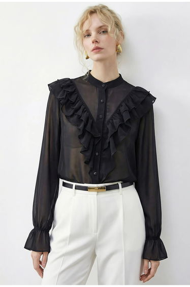 LUCCI Frilly Mandarin Collar Long Sleeve Chiffon Shirt
