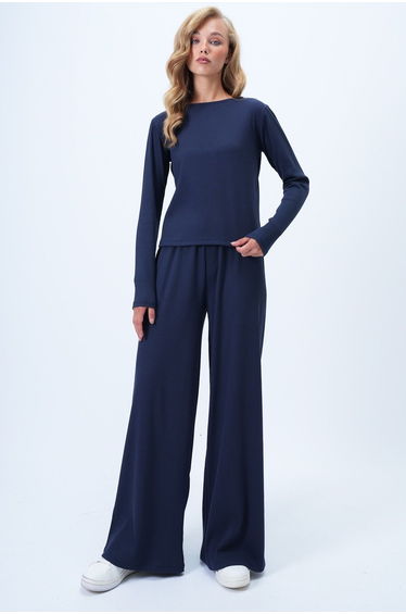 Women's Navy Blue Crew Neck Blouse and Palazzo Pants Double Knitted Set