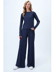 Women's Navy Blue Crew Neck Blouse and Palazzo Pants Double Knitted Set