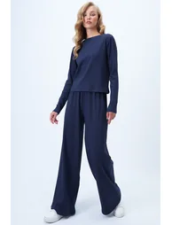 Women's Navy Blue Crew Neck Blouse and Palazzo Pants Double Knitted Set - 3