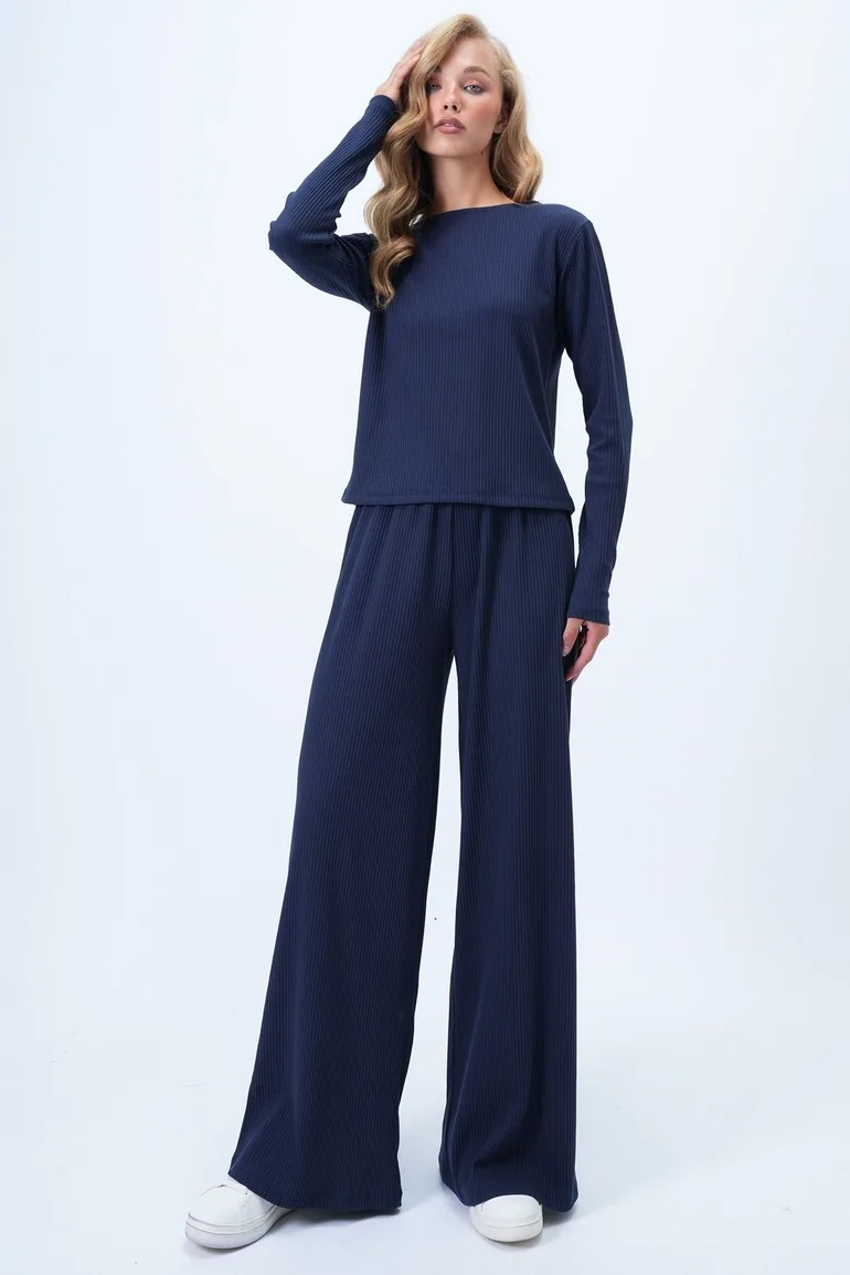 Women's Navy Blue Crew Neck Blouse and Palazzo Pants Double Knitted Set - 1