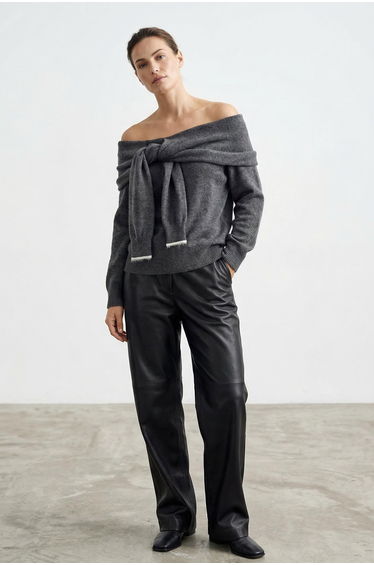 Anthracite Soft Textured Madonna Collar Tie-Up Knitwear Sweater