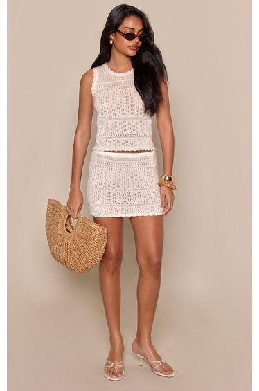 Cream Brushed Pointelle Knit Mini Skirt