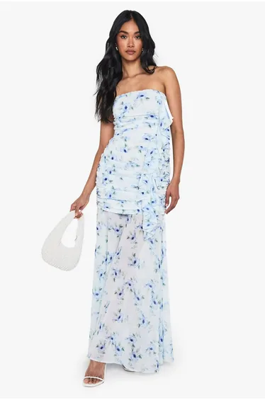 فستان ماكسي شيفون مزموم - أزرق