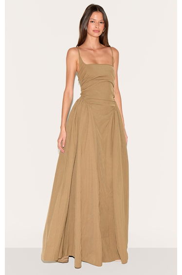 Mushroom Woven Ruched Strappy Maxi Dress