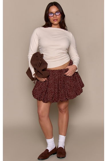 Plus Brown Polkadot Print Cotton Puffball Skirt