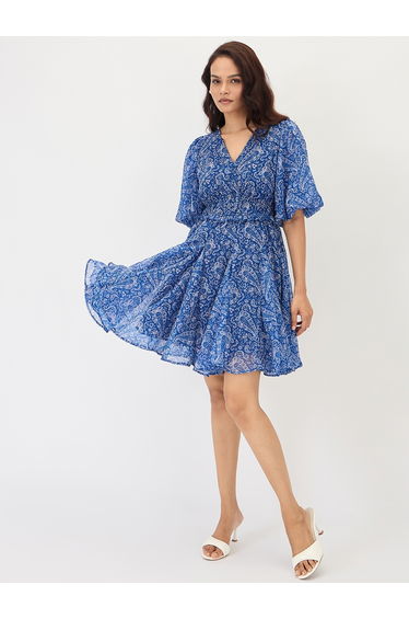 Blue Paisley Printed Puff Sleeve Mini Dress