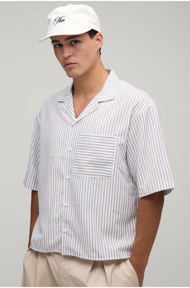 Oversized Half Sleeve Revere Stripe Shirt - beige