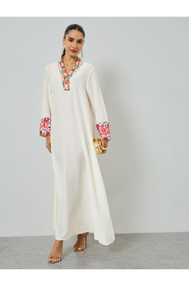 Cream Embroidered Trim V Neck Jalabiya