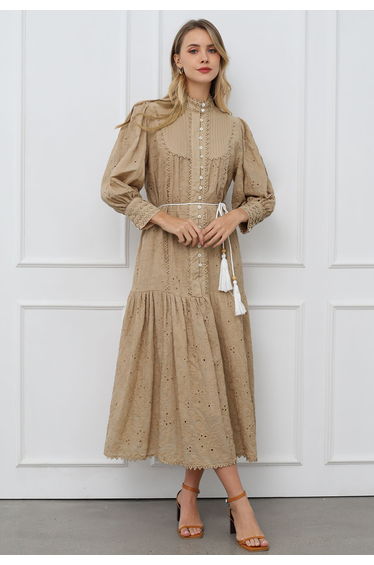 Floral Eyelet Embroidery Tassel String Buttoned Maxi Dress in Light Tan