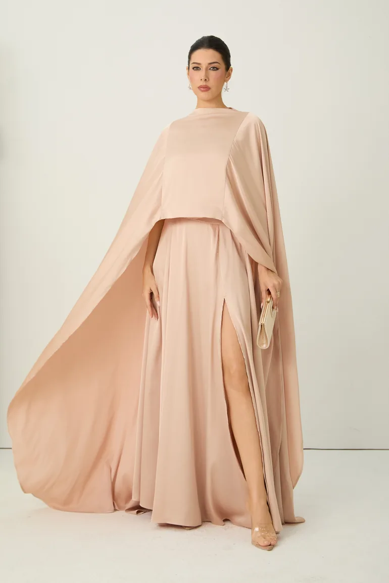 Oh My Elegance Pink Draped Cape Top & Maxi Skirt Set