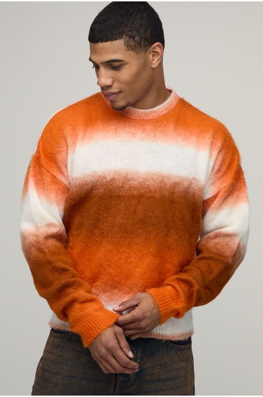 Relaxed Boxy Extended Neck Ombre Knitted Jumper - orange